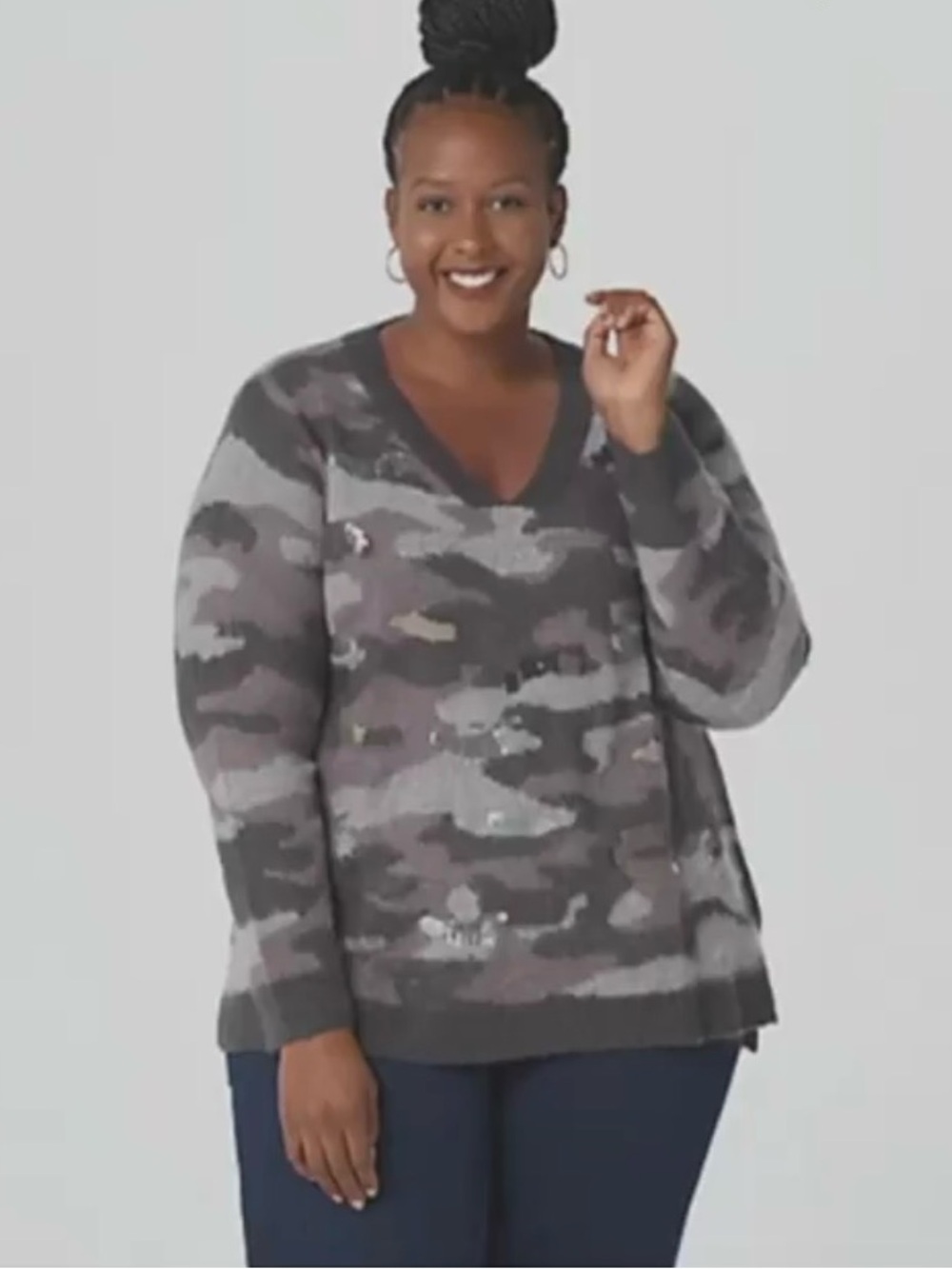 LOGO by Lori Goldstein V-Neck Sweater in Charcoal Gray Camouflage with sequins
